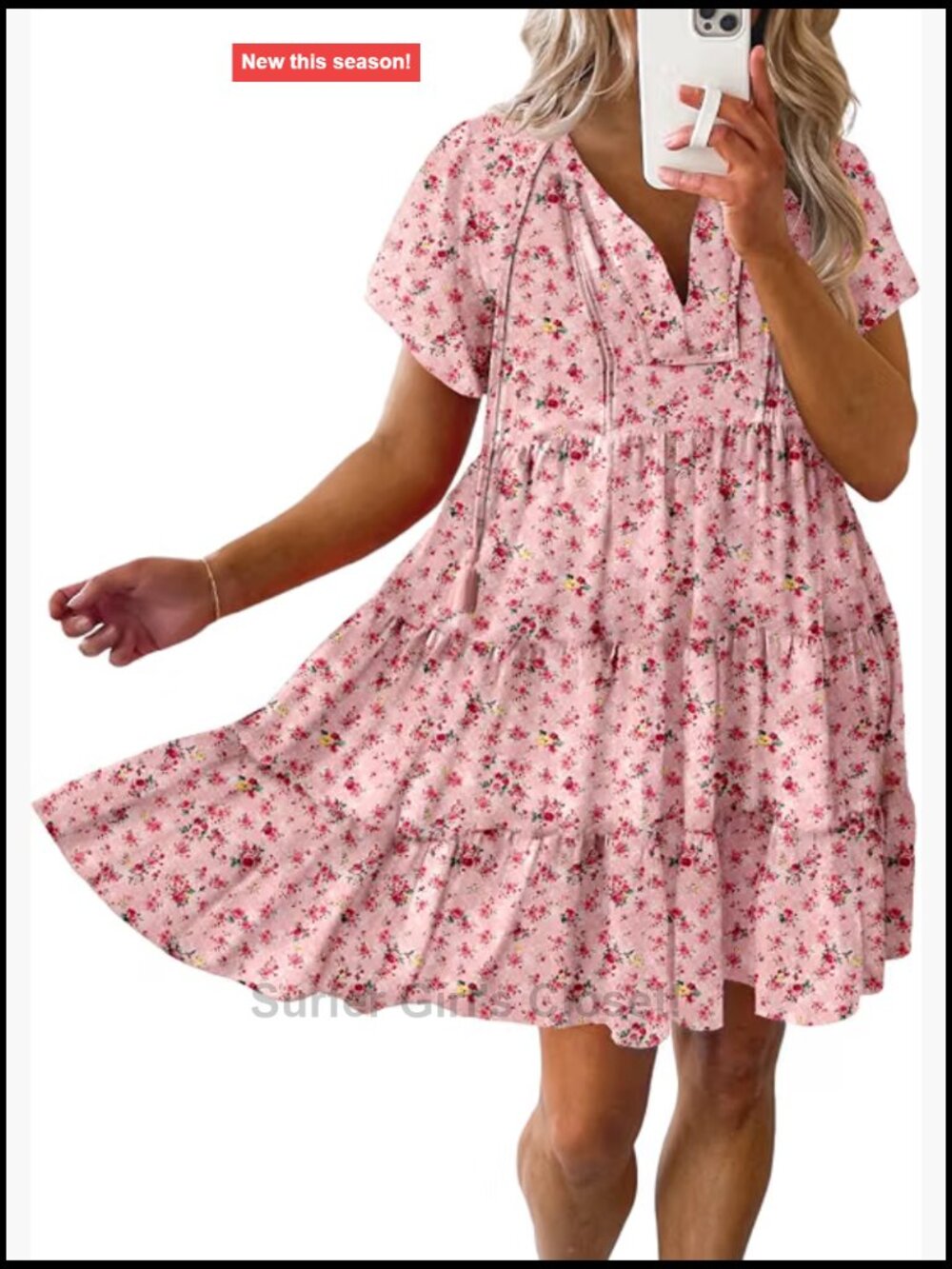 Viscose Floral V-Neck Babydoll Sundress Short Sleeve A-Line Flowy Mini Dress